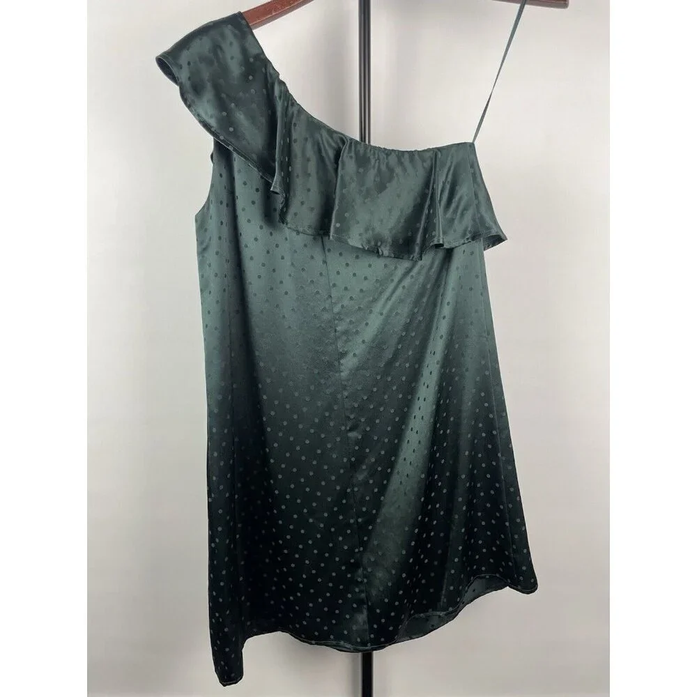 Madewell Emerald Green Silk One Shoulder Ruffle Dotted Mini Lined Dress Size 0‎